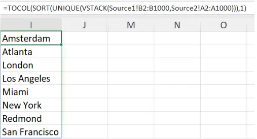 TOCOL function wrapping the sorted unique city list to remove blank values