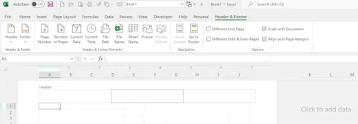 Page Layout view with Add Header area selected and Header editing tools visible
