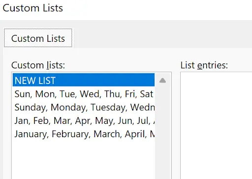 Custom Lists dialog box showing built-in lists including days of the week and months