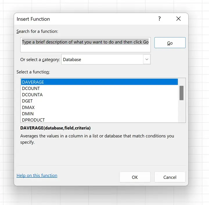 Database Functions in the Insert Function Dialog Box