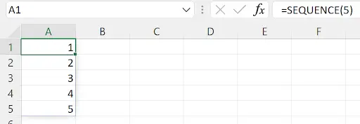 Excel SEQUENCE function generating a dynamic array of sequential numbers