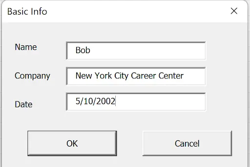 Forms With Vba In Excel example showing fill out the form and click ok: