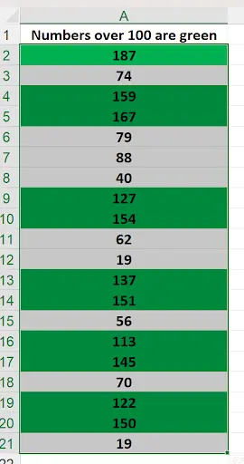 Excel cells with green fill highlighting values greater than 100 using formula-based conditional formatting
