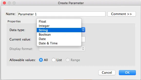 Tableau parameter configuration and usage - step 2