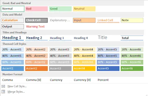 Expanded cell styles gallery showing all available styles organized by category