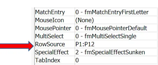 VBA Properties window showing the RowSource property pointing to a cell range for the ListBox