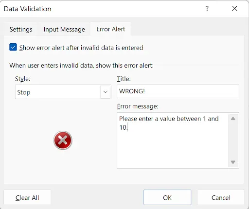 Data Validation Error Alert tab with custom error title and message configured