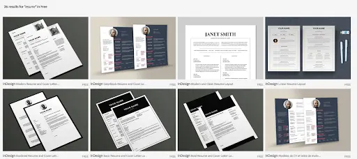 Adobe Stock search results showing free resume templates editable in Illustrator or InDesign