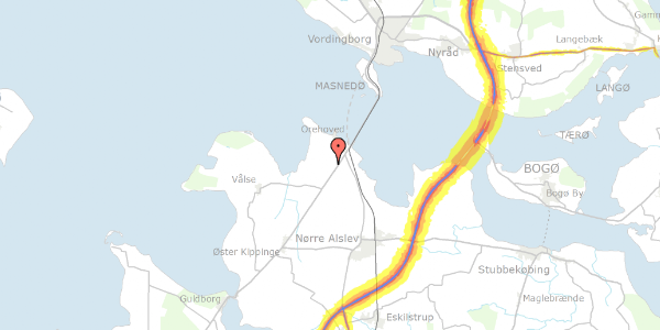 Trafikstøjkort på Gyldenbjergvej 42A, 4840 Nørre Alslev