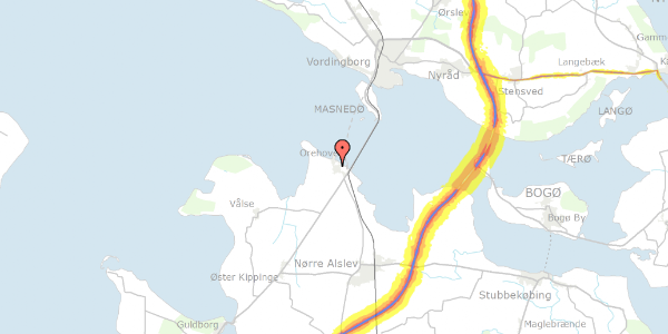 Trafikstøjkort på Orehoved Vinkelvej 2, 4840 Nørre Alslev