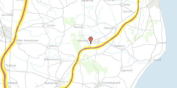 Trafikstøjkort på Flauenskjoldvej 58, 9330 Dronninglund
