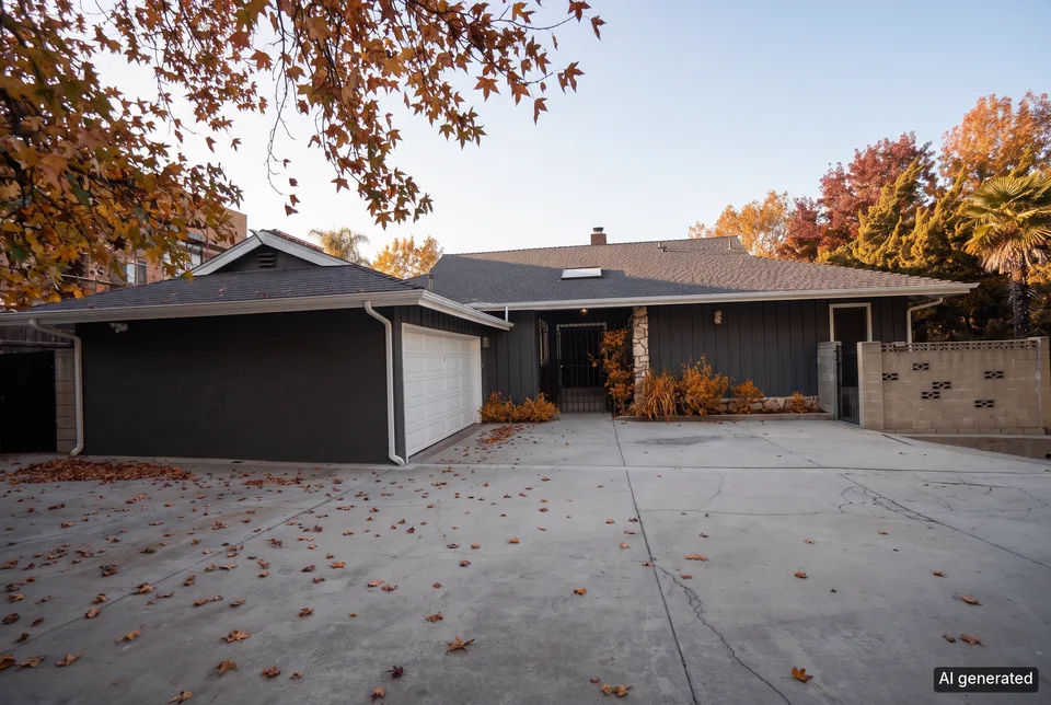 The front of the house in autumn, red leaves on the tree and on the drive. Before, the same front in summer.