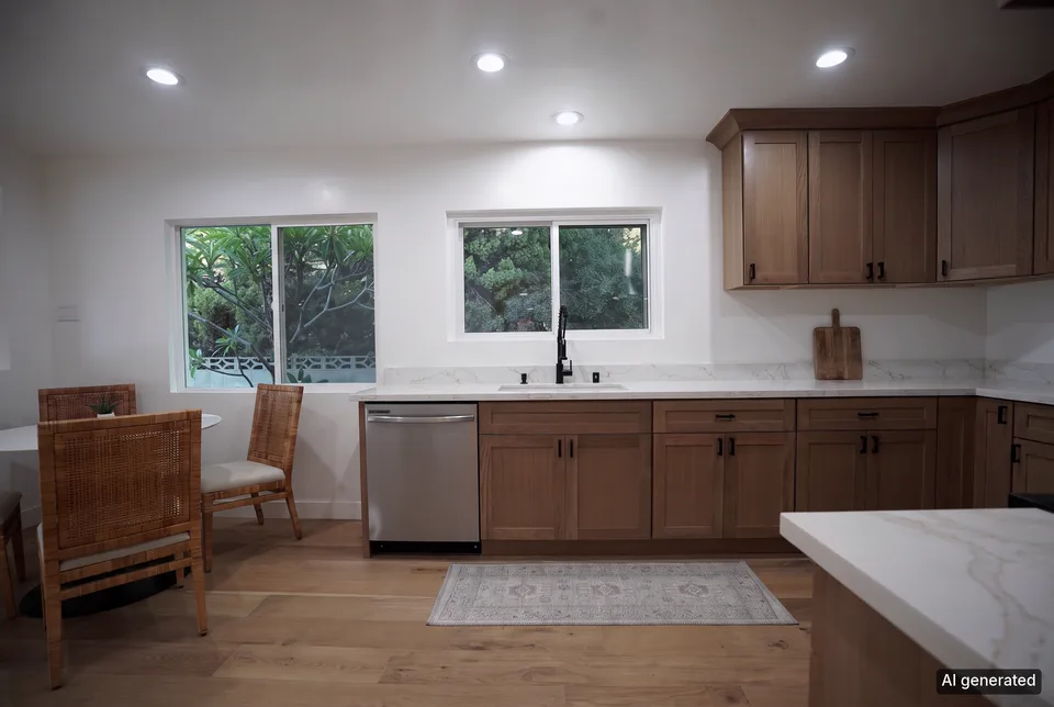 The kitchen with the counters cleared, the furniture kept. Before, the same kitchen with the loose items on the counters.