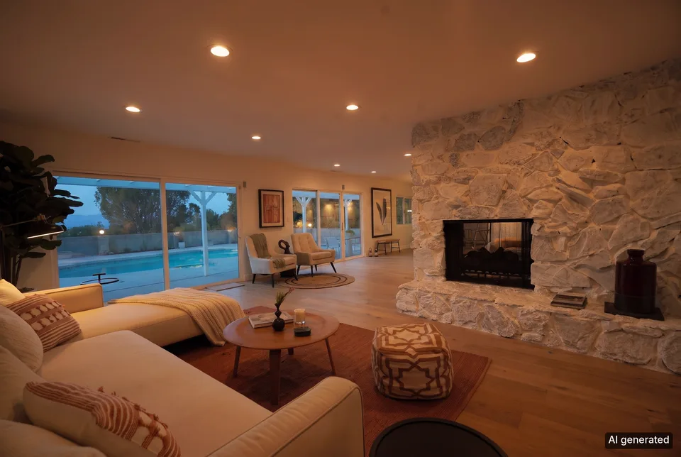 The living room in the evening, the lamps on and a dusk glow in the windows. Before, the same room by day.
