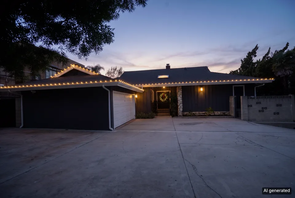 The front of the house at dusk dressed for the holidays, lights along the roof and a wreath at the entry. Before, the same front by day.