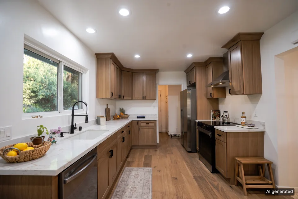 A dark kitchen relit as on a bright day, nothing moved. Before, the same kitchen as shot.