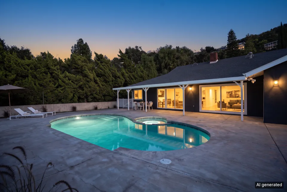 The backyard pool at twilight with the house lights and the pool light on. Before, the same photo in daylight.