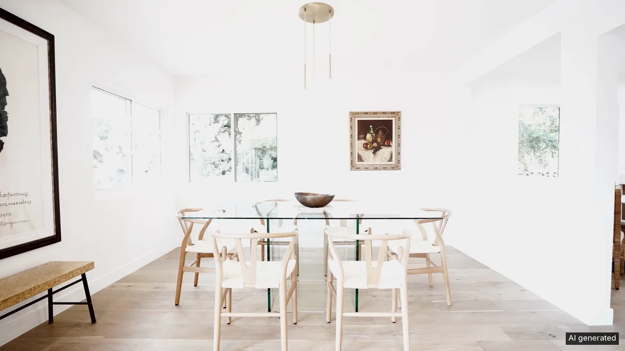 The Realtour MLS cut of a hillside pool home: the dining room held still, no text, the AI generated label in the corner.