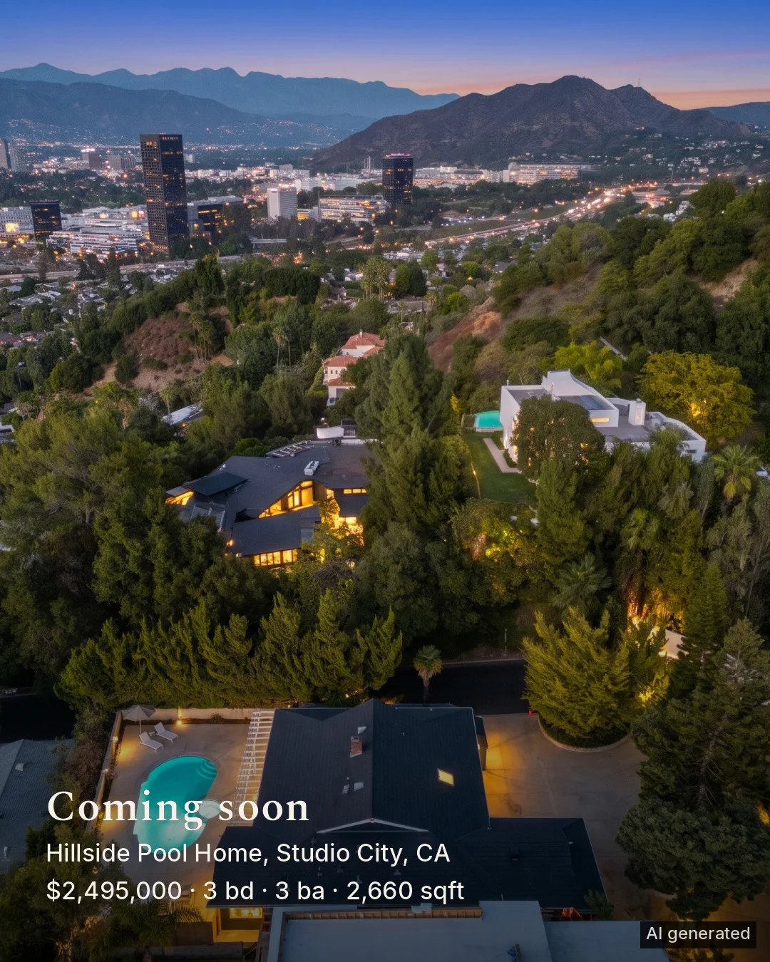 A 4:5 feed post: the aerial at twilight with Coming soon, the address and the facts in serif type.
