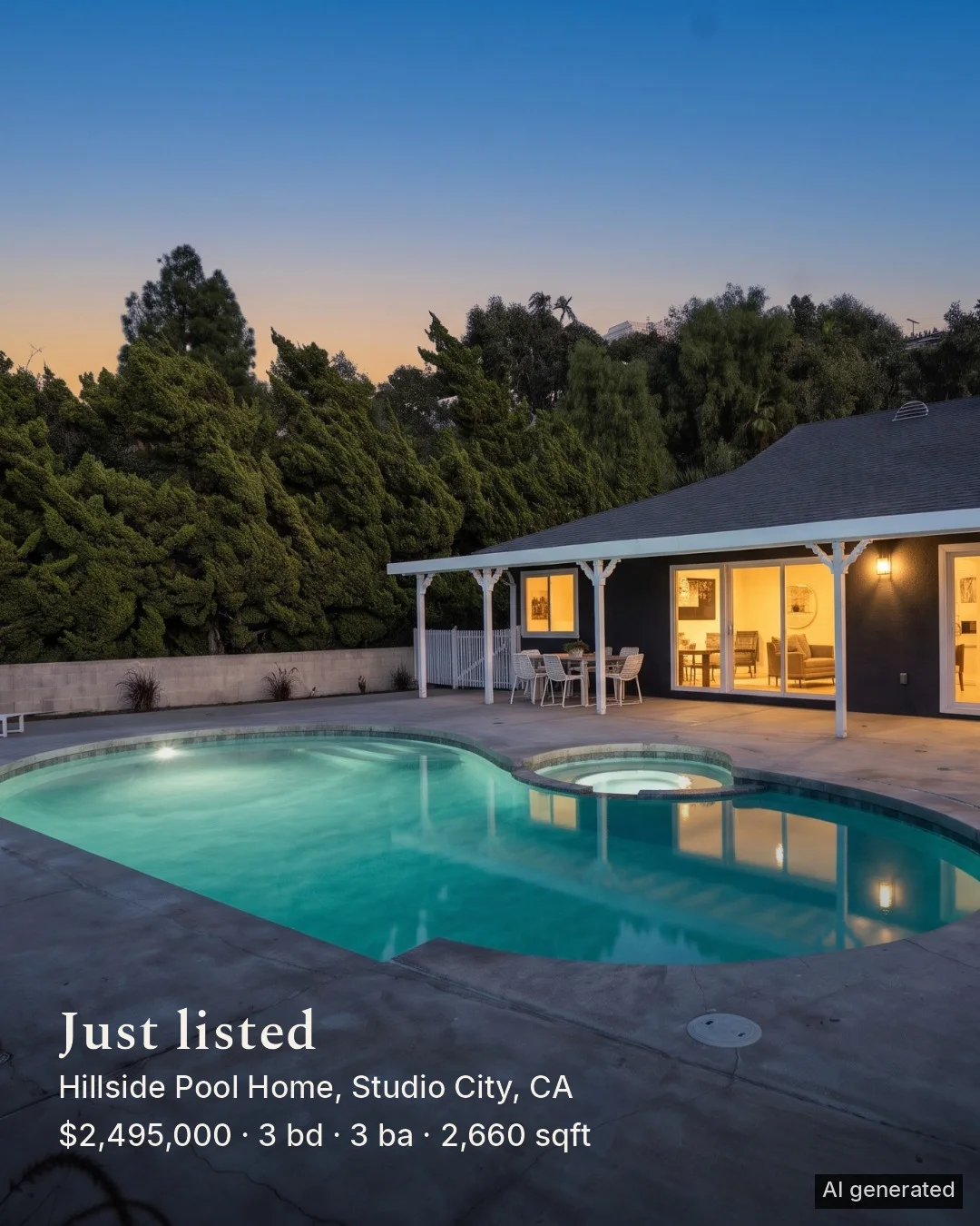 A 4:5 feed post: the pool at twilight with Just listed, the address and the facts in serif type.
