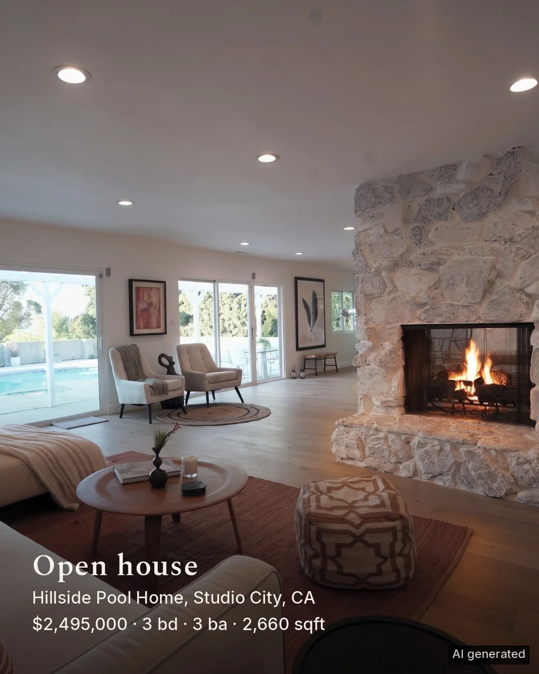 A 4:5 feed post: the living room with the fire lit and Open house, the address and the facts in serif type.