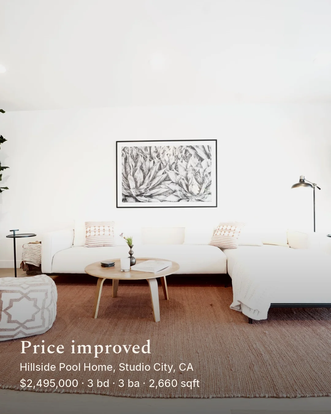 A 4:5 feed post: the white living room with Price improved, the address and the facts in serif type.