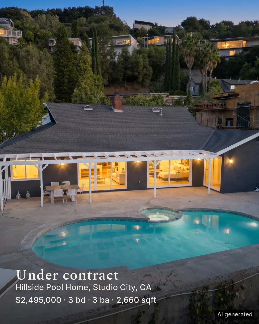A 4:5 feed post: the house and the pool from above at twilight with Under contract, the address and the facts.