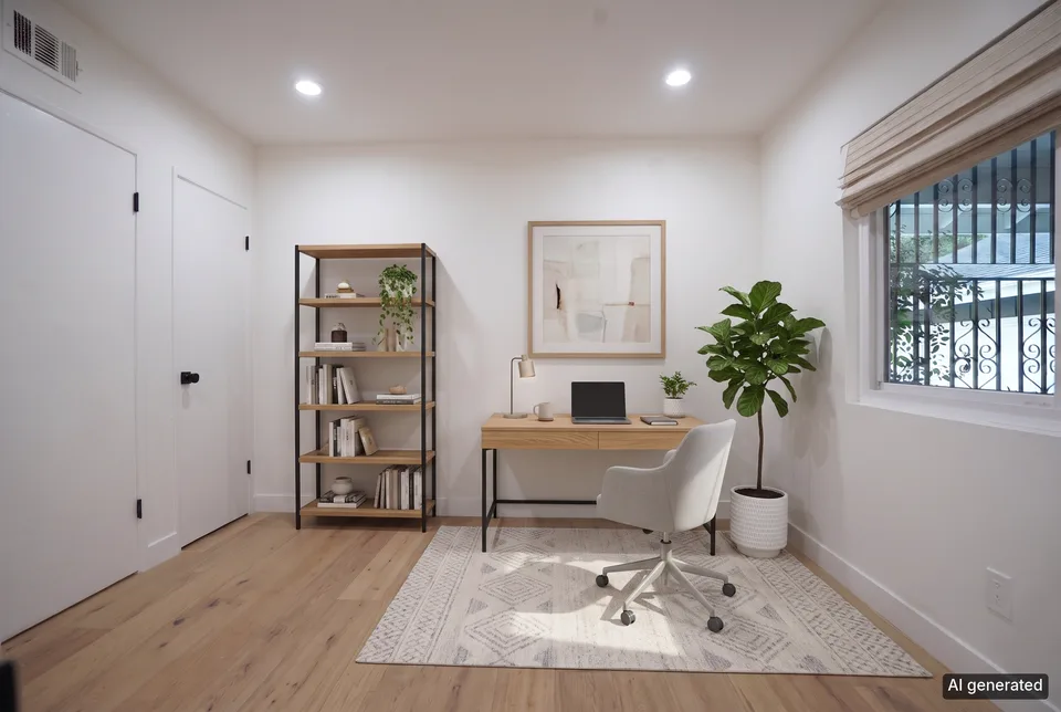 A home office staged: a light desk, a white chair, a bookshelf and a fig tree. Before, the same room emptied.