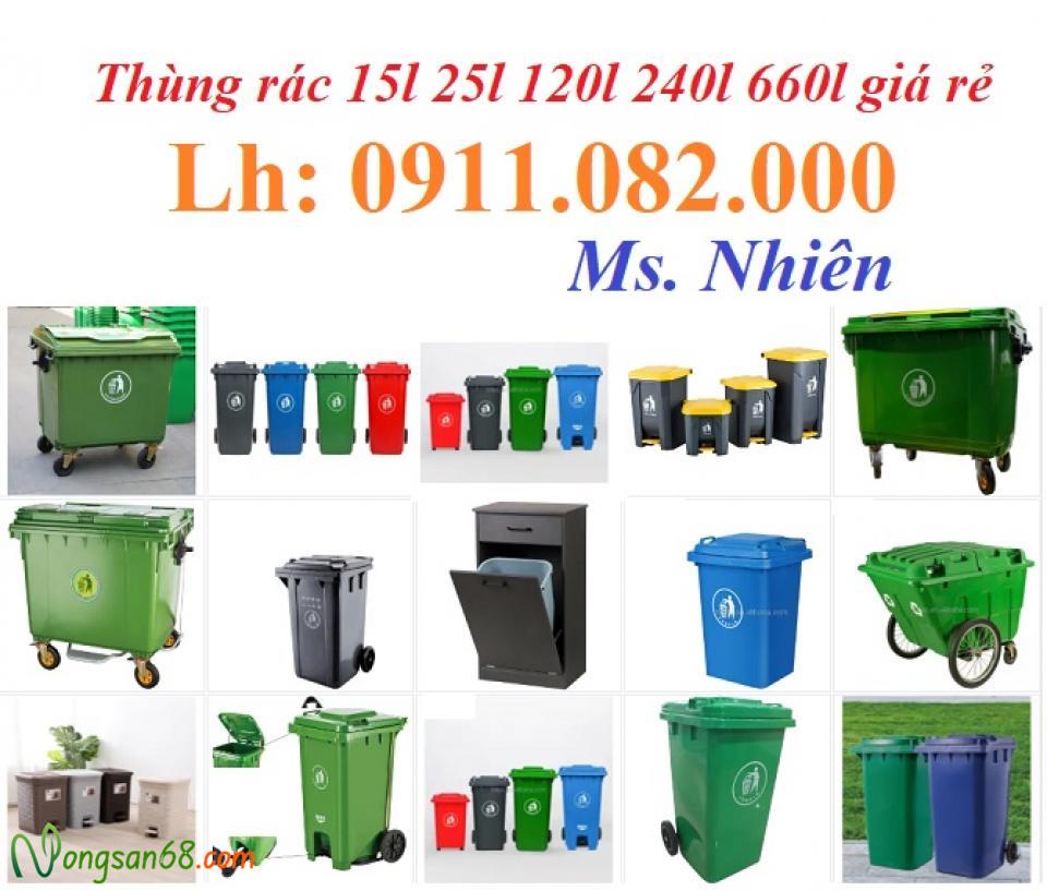 Cà mau- nơi cung cấp thùng rác giá rẻ- thùng rác 120l 240l 660l màu xanh- lh 0911082000-1