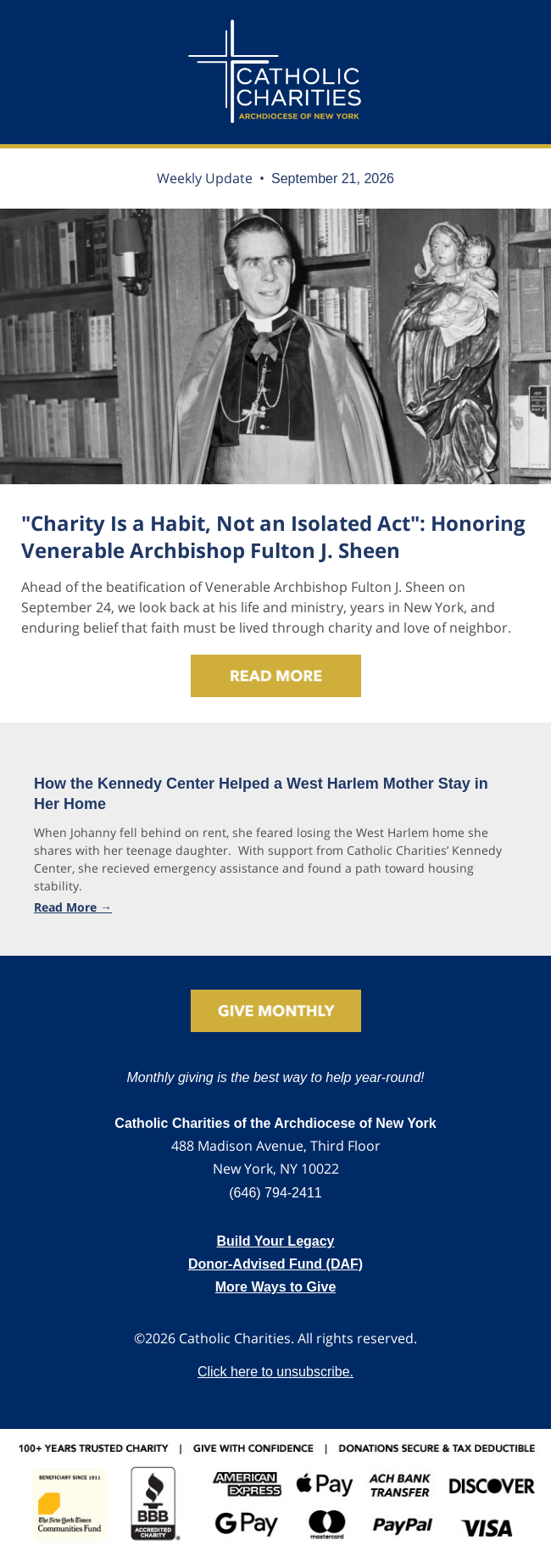 Weekly Update: "Charity Is a Habit, Not an Isolated Act": Honoring Venerable Archbishop Fulton J. Sheen