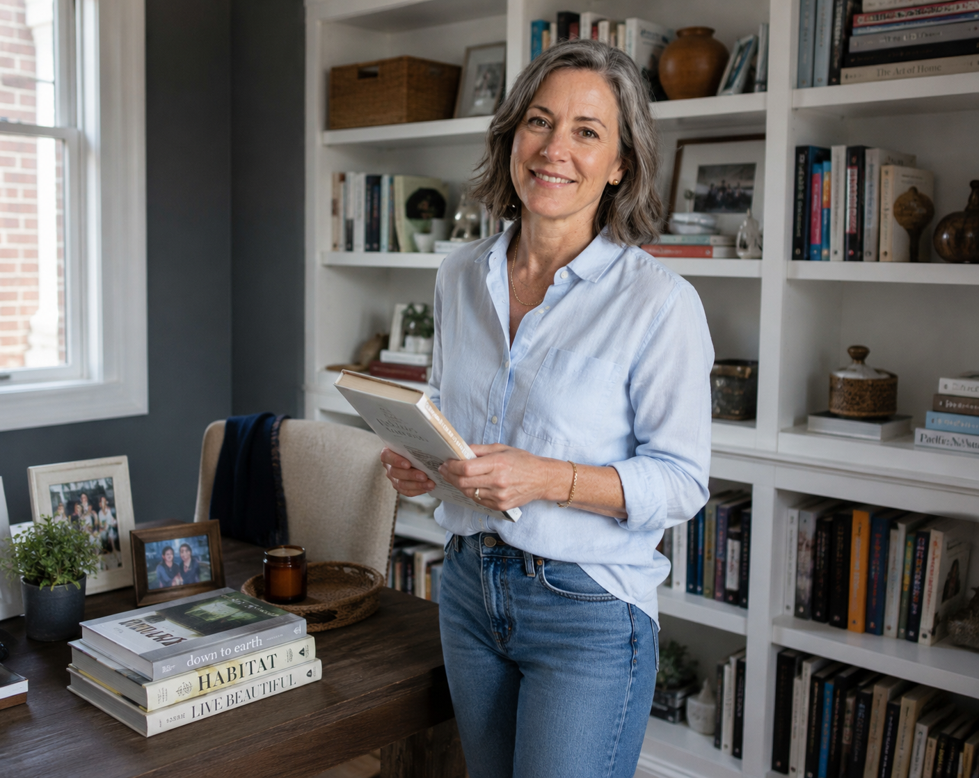 Nora with a book beside her living room shelves