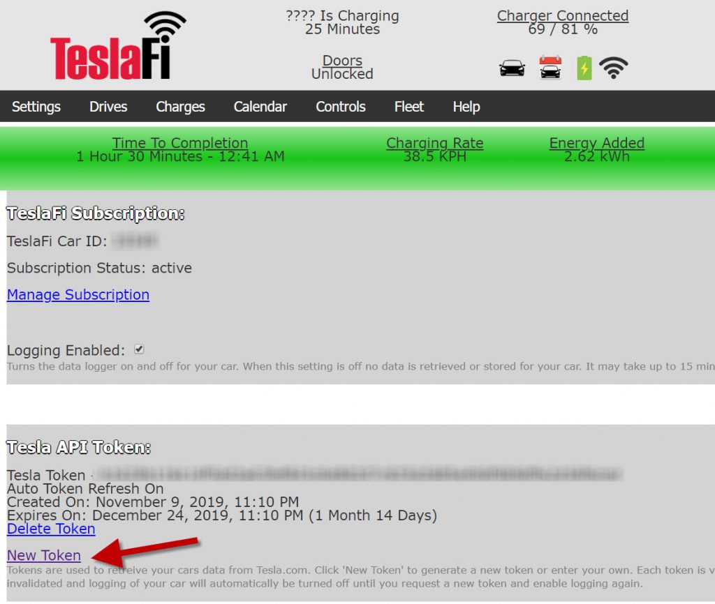 TeslaFi Settings NewToken