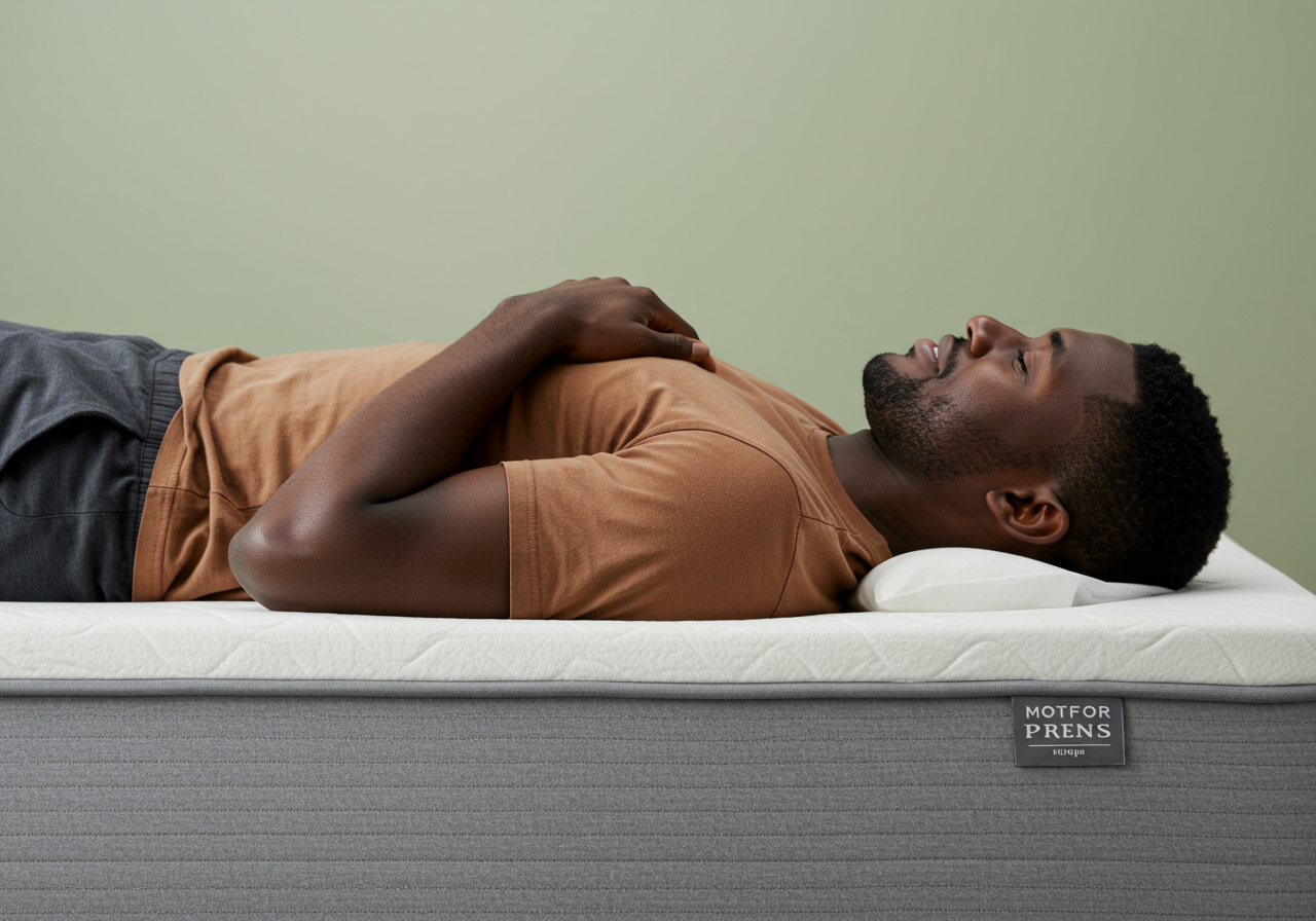 Person sleeping comfortably on a mattress, indicating relief from back pain