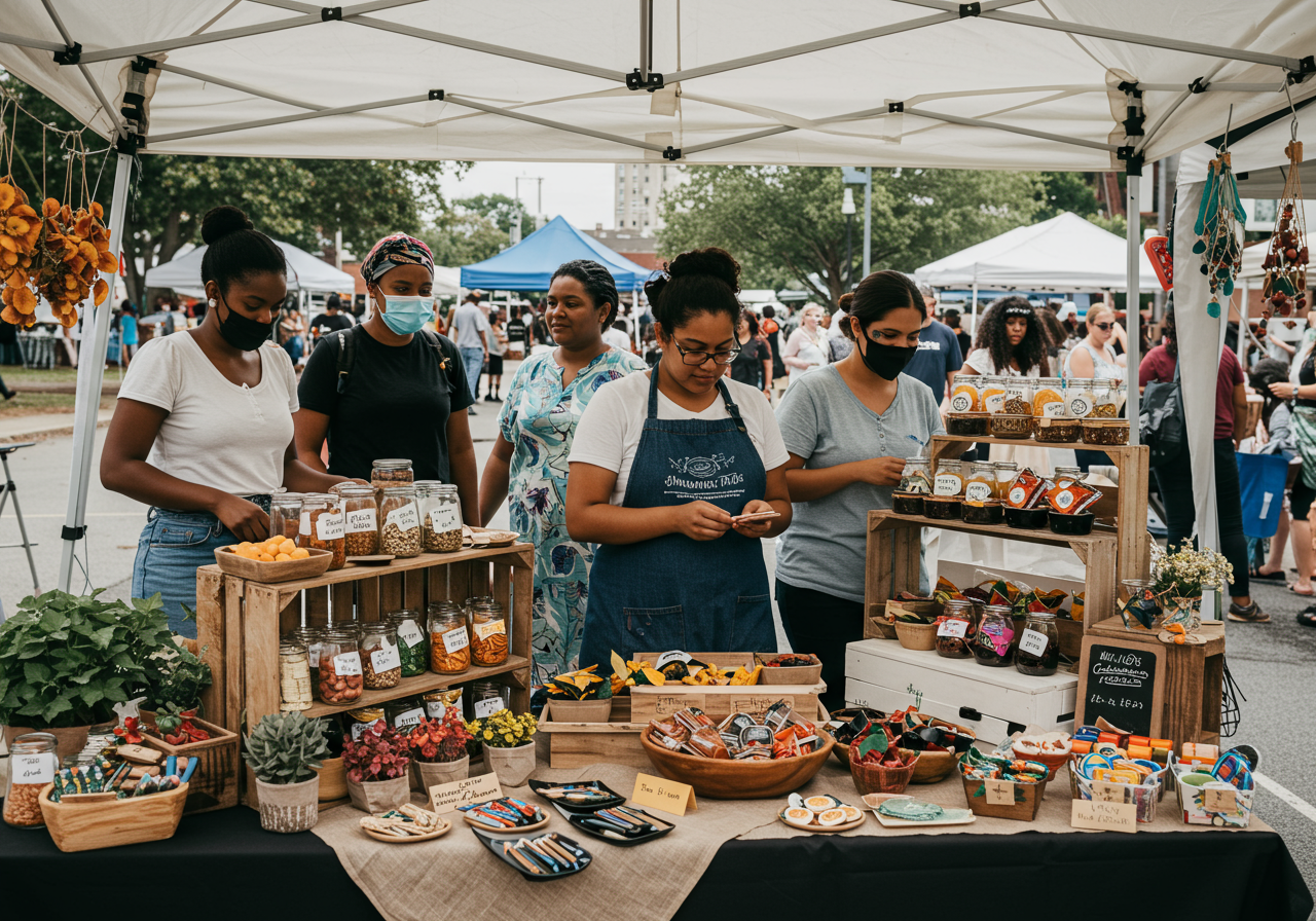 Selection of handmade gifts and artisan products at a Mississippi makers market