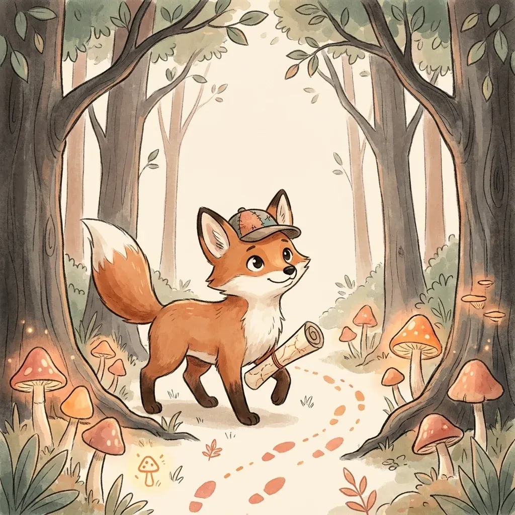Brave little fox stepping into a forest of glowing mushrooms