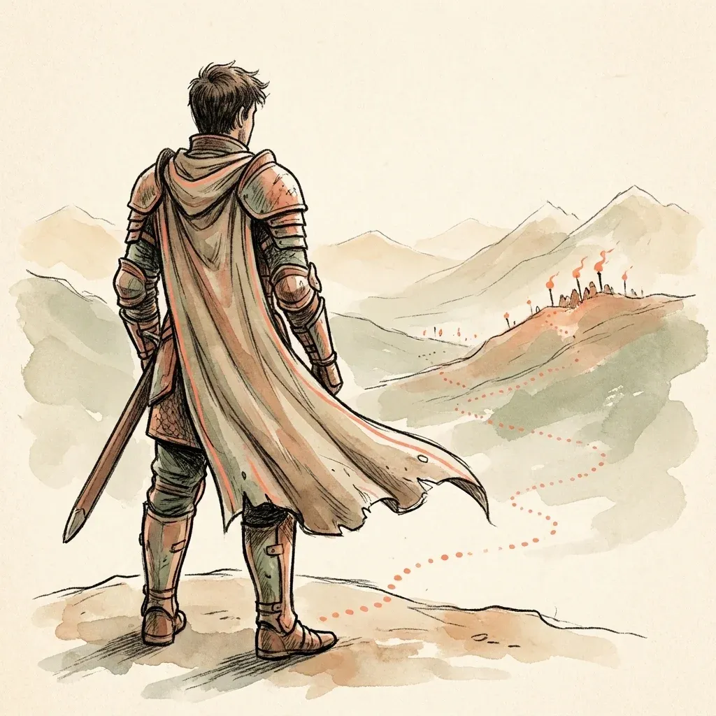 Lone knight watching torchlight crest a distant ridge