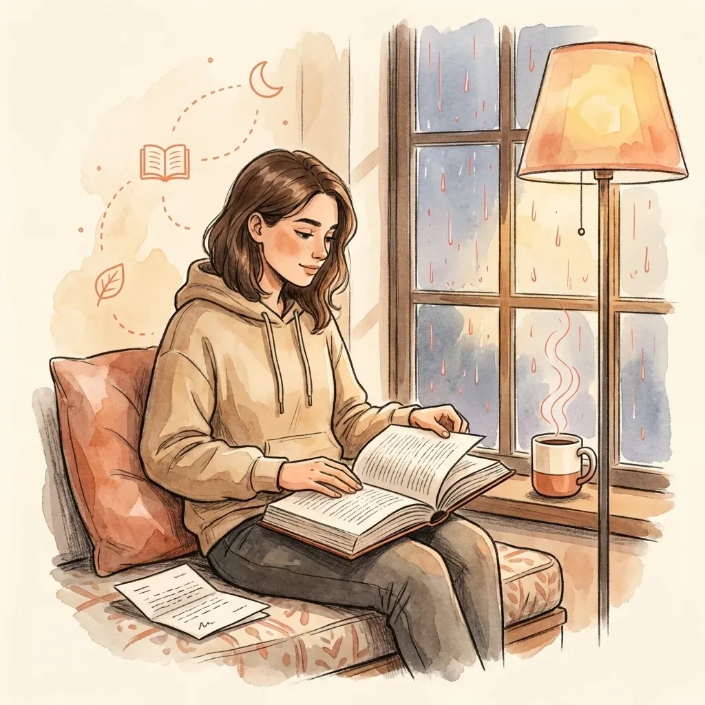 Open novel on a wooden desk under a warm reading lamp