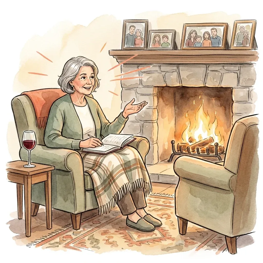 Two armchairs by a fireplace with a glass of wine and a notebook