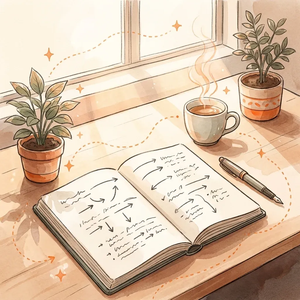 Open notebook with a coffee cup and morning sunlight on a desk