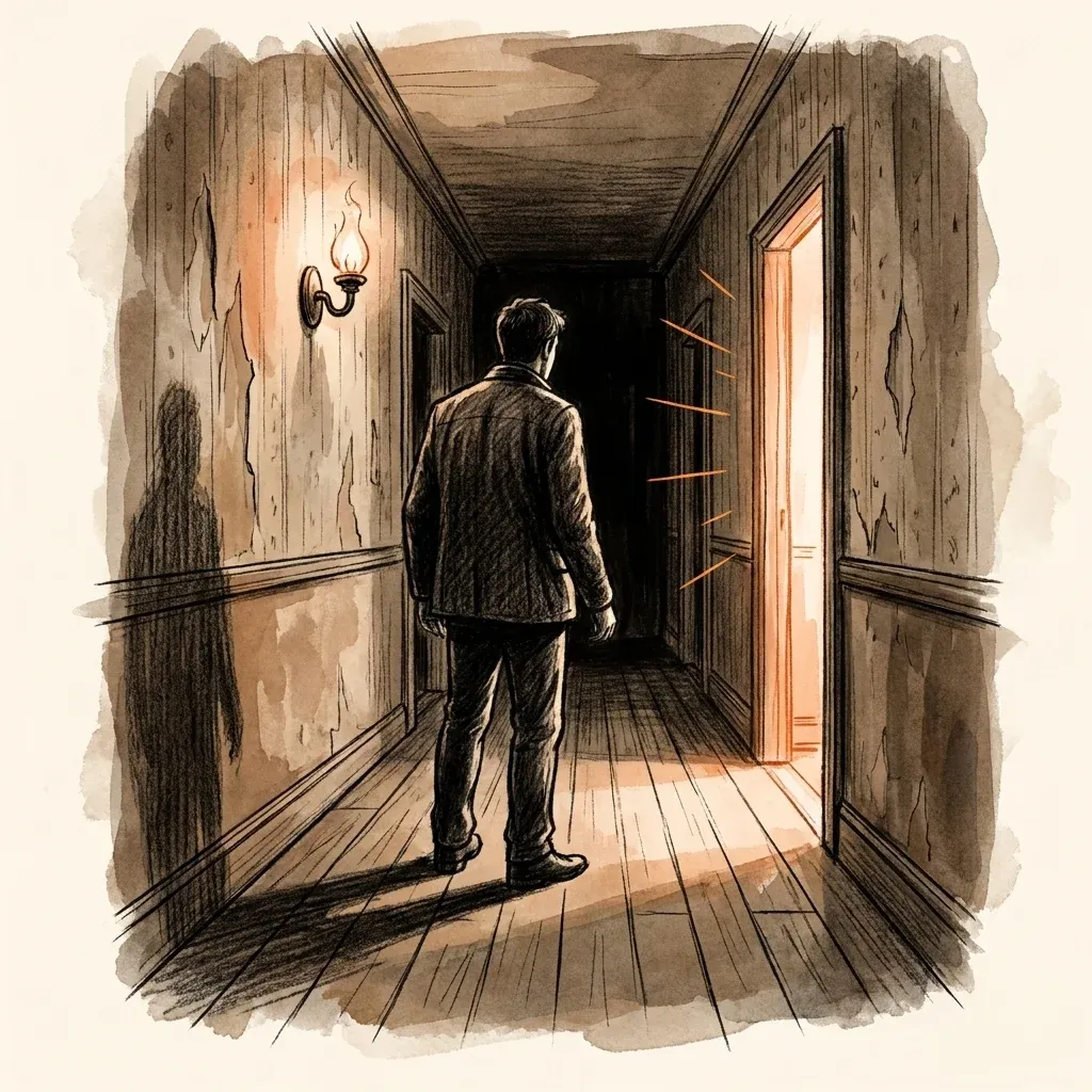 Shadowed hallway with a single open door at the end