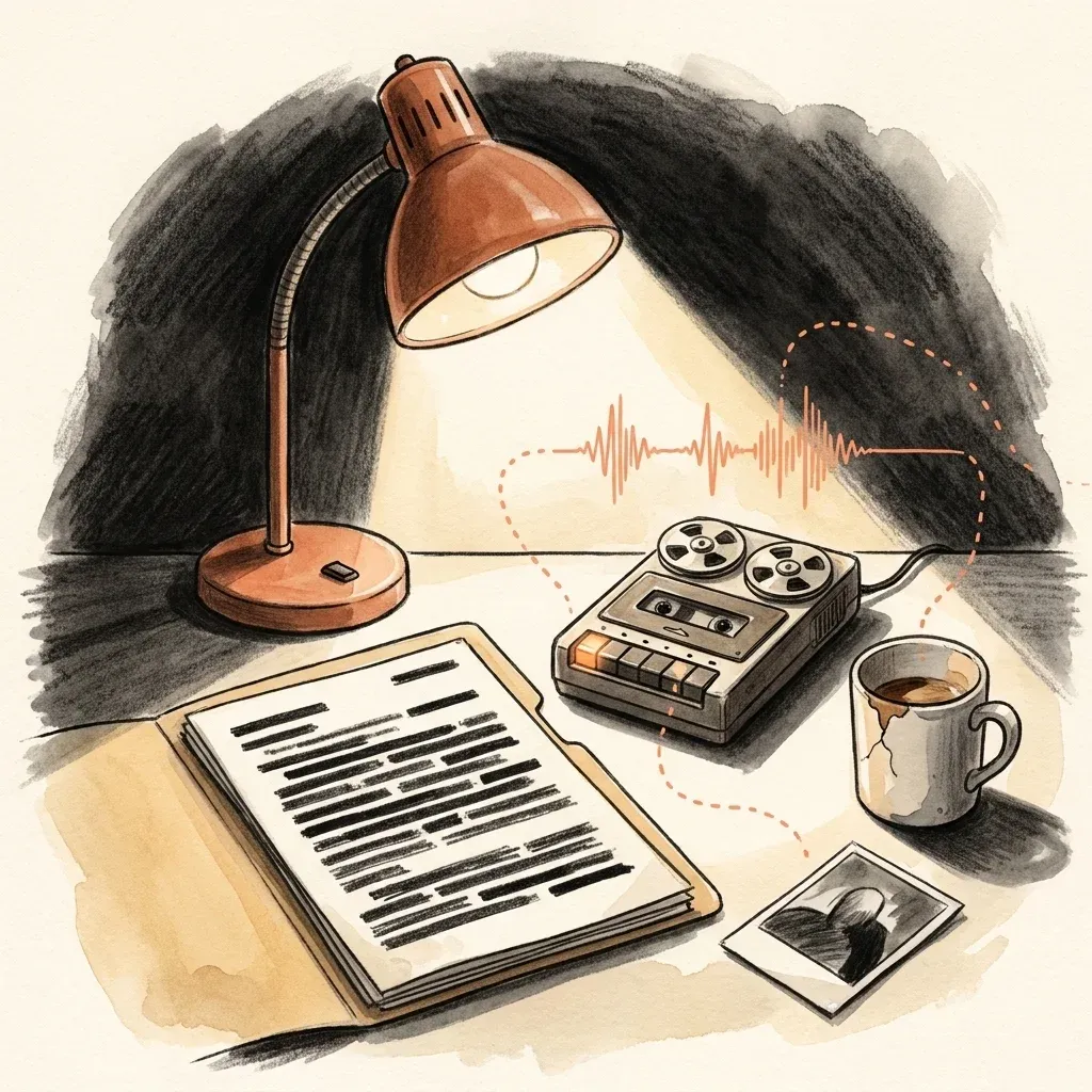 Redacted case file under a desk lamp with a cassette recorder