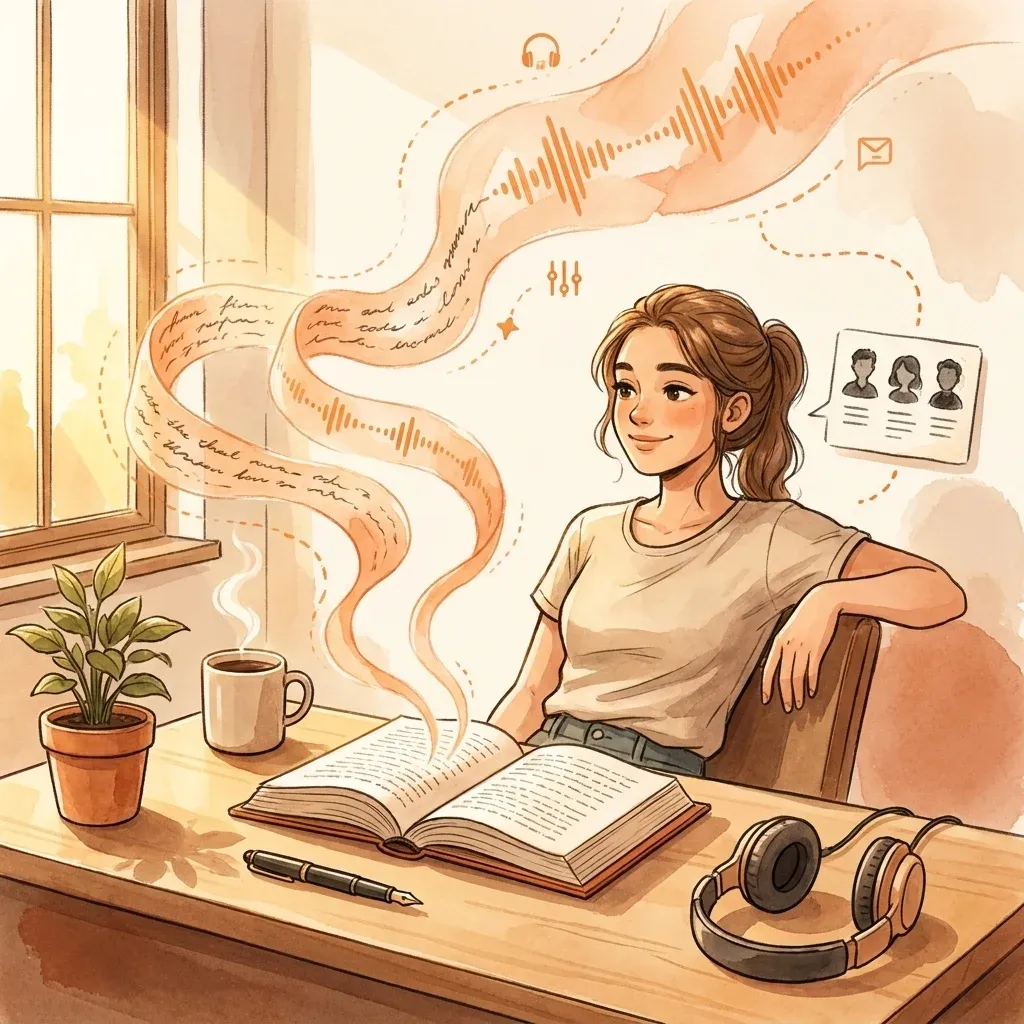 Open book transforming into sound waves on a warm desk