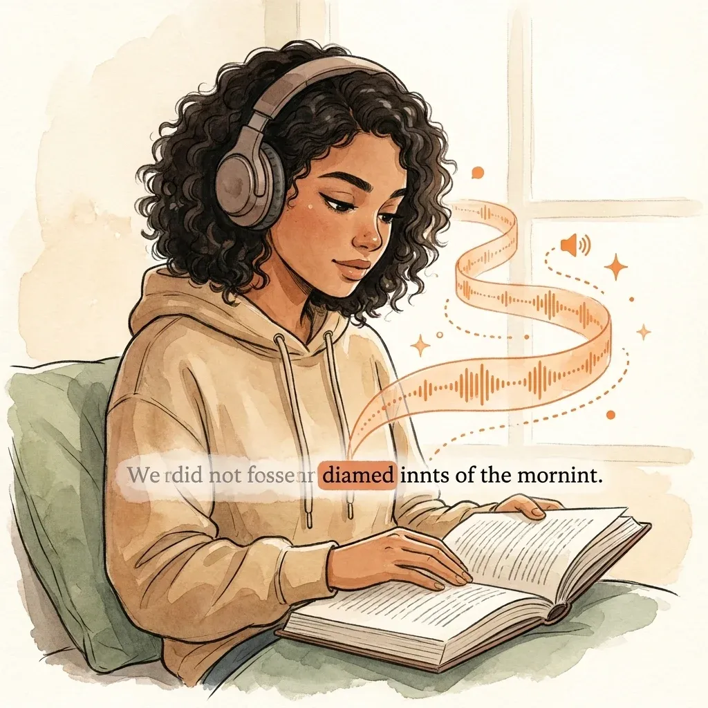 Reader following along as words light up under the narration