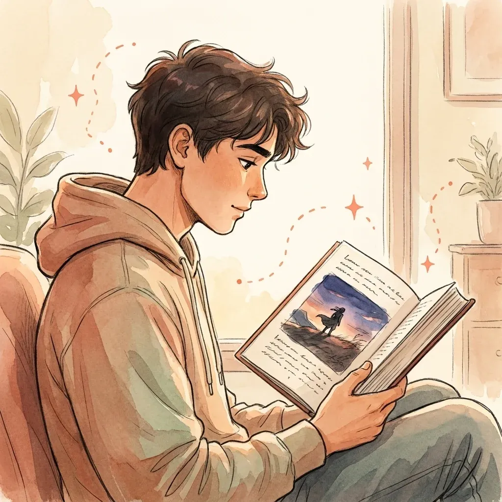Reader paging through a book with an inline scene illustration