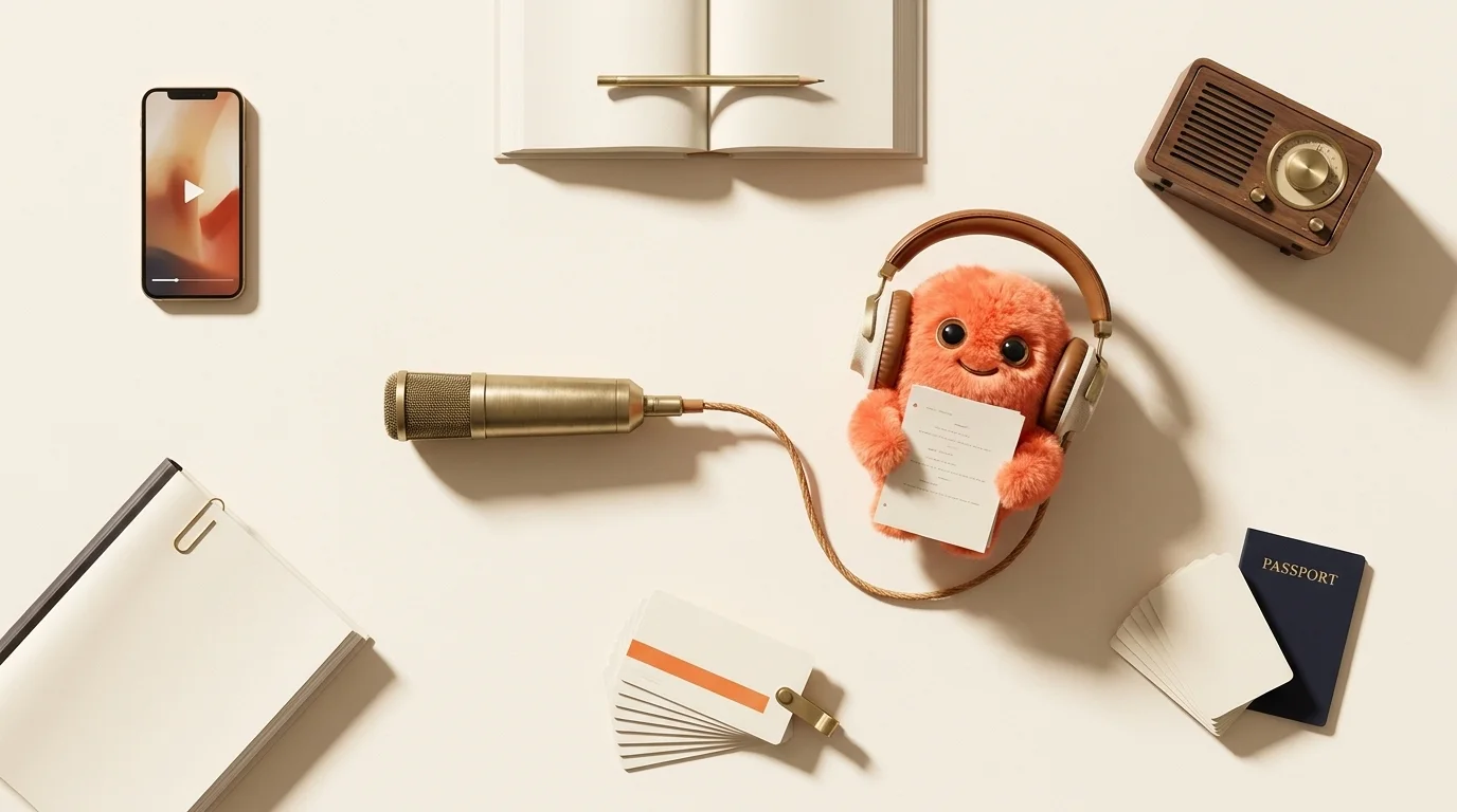 A desk seen from above: a brass microphone and Noty holding a script page in the middle, surrounded by a phone playing a vertical video, an open textbook, a walnut radio, a bound report, a fan of presentation slides with a clicker, and language flashcards with a passport