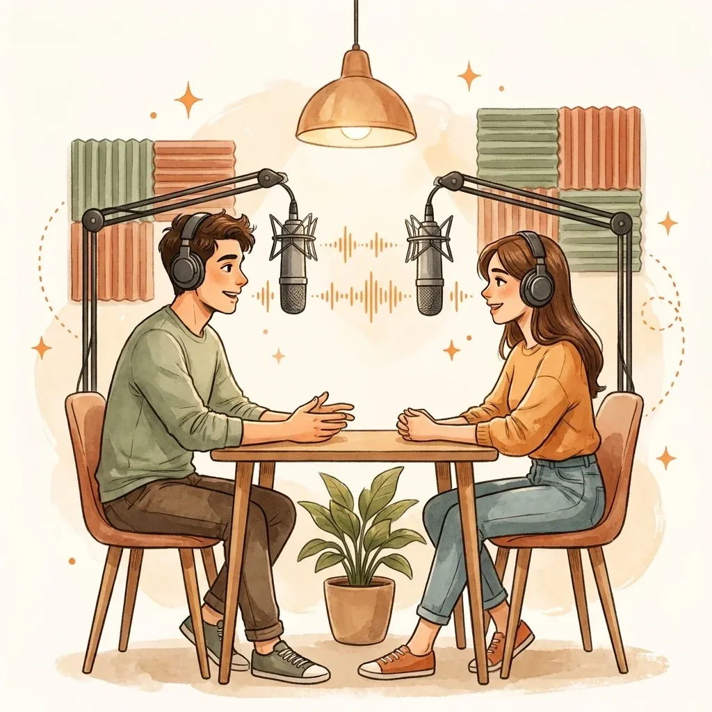 Two podcasters in conversation across a small studio table