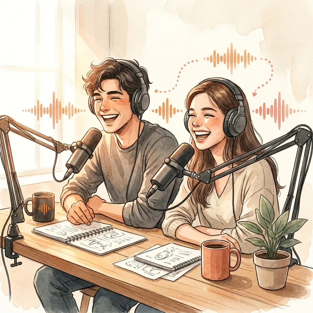 Two co-hosts laughing side-by-side at a shared podcast desk