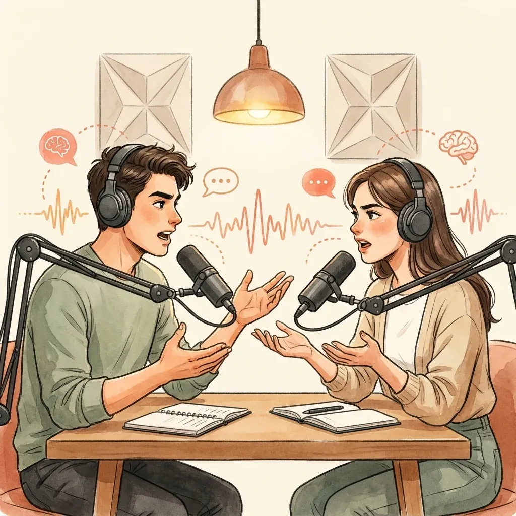 Two commentators in mid-debate at a podcast desk, gesturing emphatically