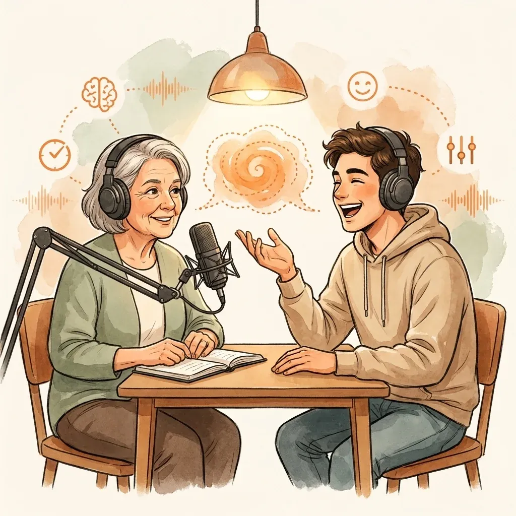 Veteran host and a young founder mid-laugh at a podcast desk