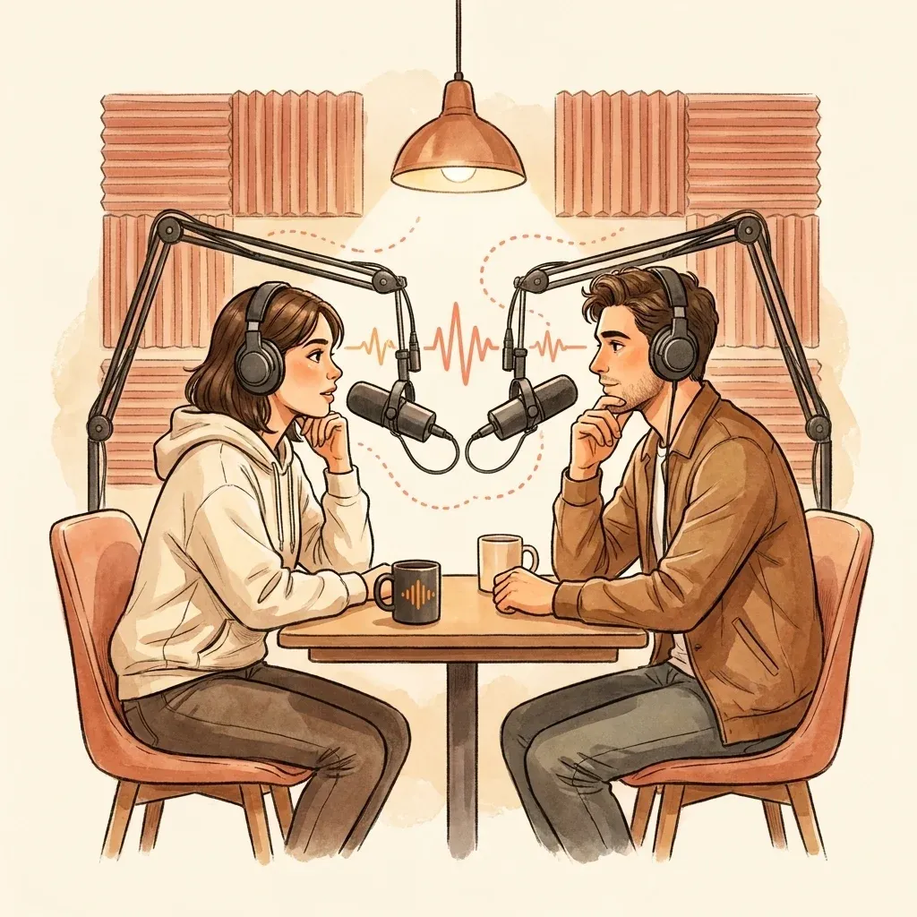 Host and guest sitting across a podcast desk with mics and headphones